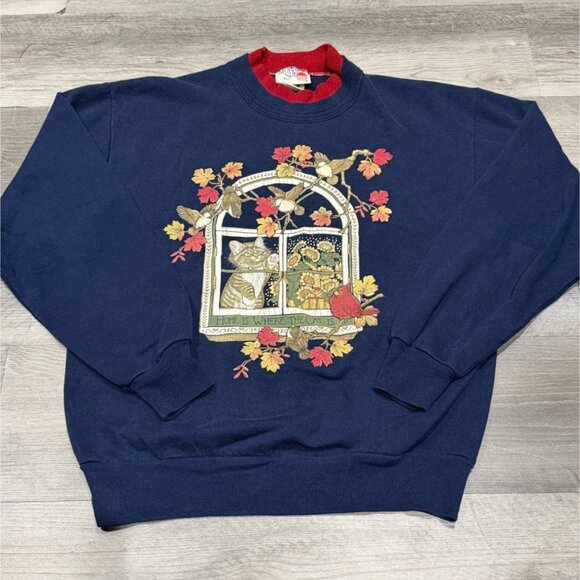 Vintage 90s Morning Sun Autumn Home is where the Cat is Sweatshirt Size Medium - Picture 2 of 9